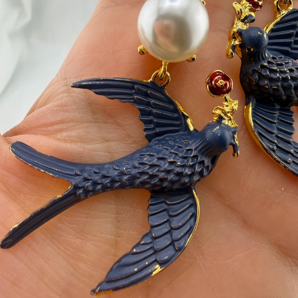 Blue Swallow Pearl Drop Earrings Statement Gold - Picture 6 of 14